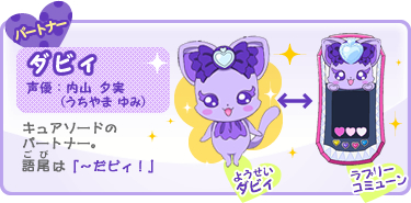 パートナー:ダビィ 声優:内山 夕実(うちやま ゆみ) キュアソードの
パートナー。語尾(ごび)は「〜だビィ!」