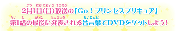 2月1日(日)放送の「Go!プリンセスプリキュア」第1話の最後に発表される合言葉でDVDをゲットしよう!